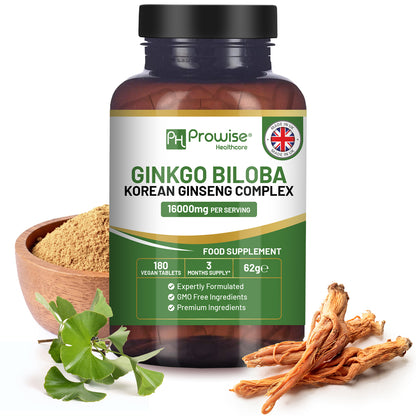 Prowise Ginkgo Biloba & Korean Ginseng Tablets 16,000mg Vegan (180)