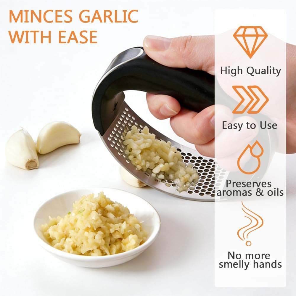 Heavy Duty Stainless Steel Garlic Crusher - Premium Manual Garlic Mincer and Chopper - Easy Squeeze Professional Kitchen Tool for Garlic & Ginger