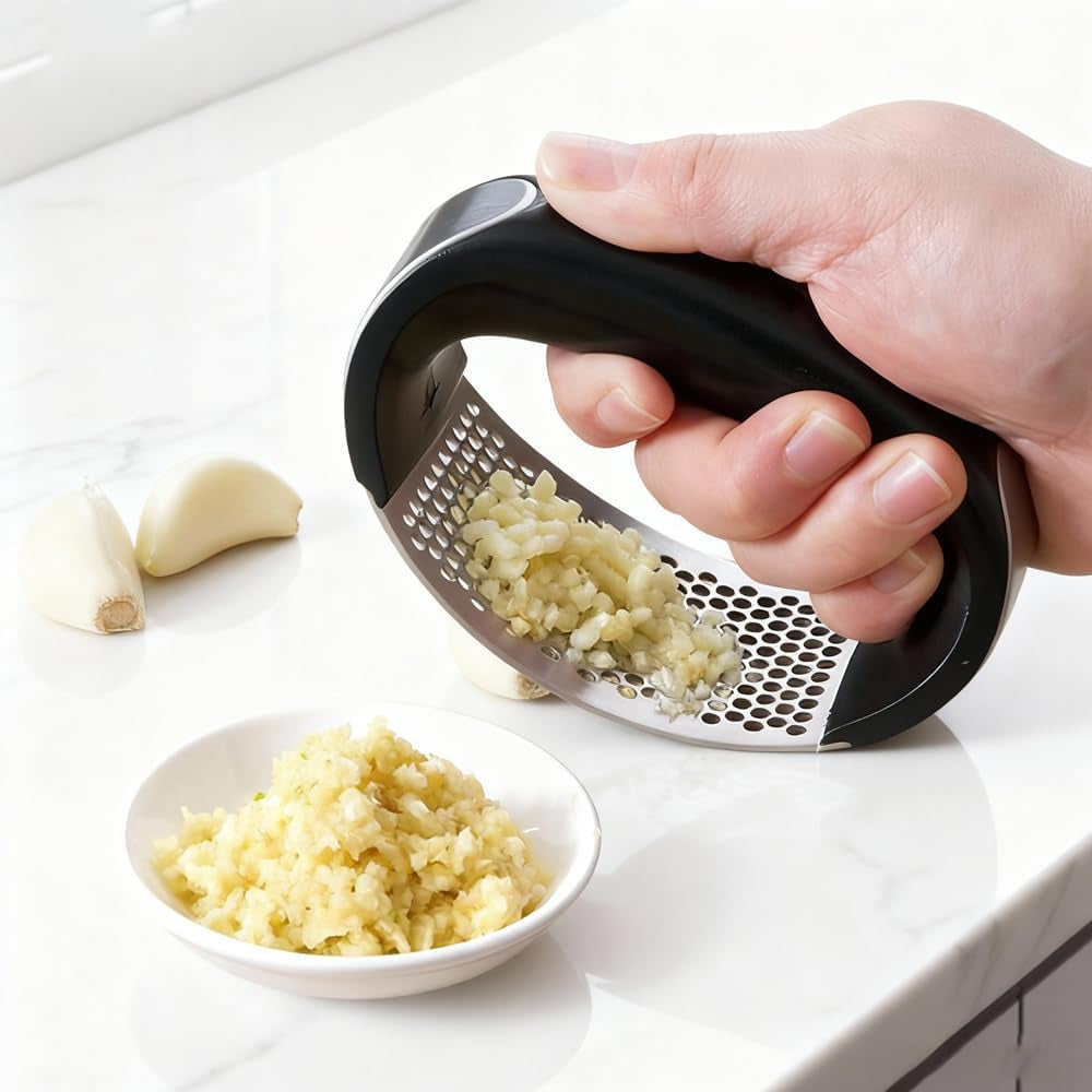 Heavy Duty Stainless Steel Garlic Crusher - Premium Manual Garlic Mincer and Chopper - Easy Squeeze Professional Kitchen Tool for Garlic & Ginger