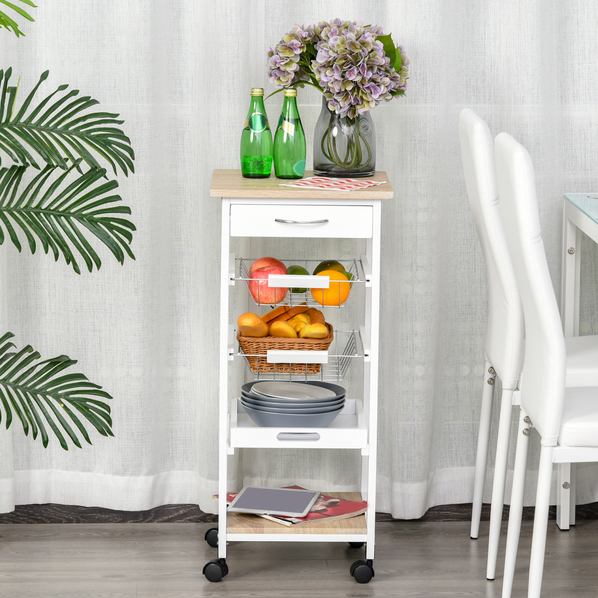 5-Tier Kitchen Storage Trolley with Drawer & Wheels — MDF, White & Pine Frame