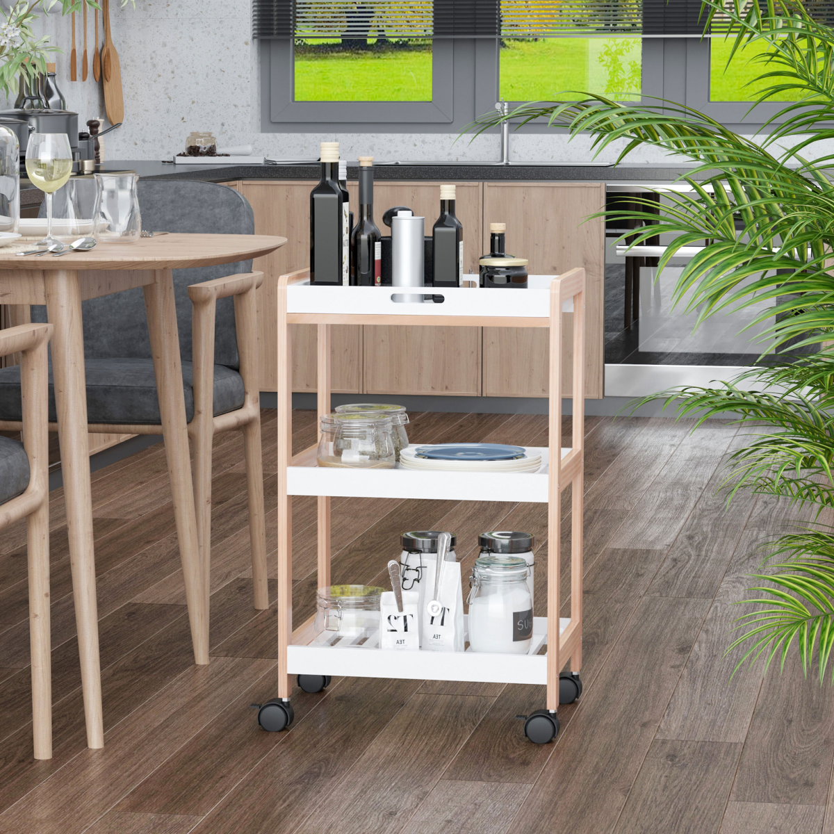 Bamboo & MDF Kitchen Trolley with 3 Shelves — 74.5cm, Rolling Storage Cart