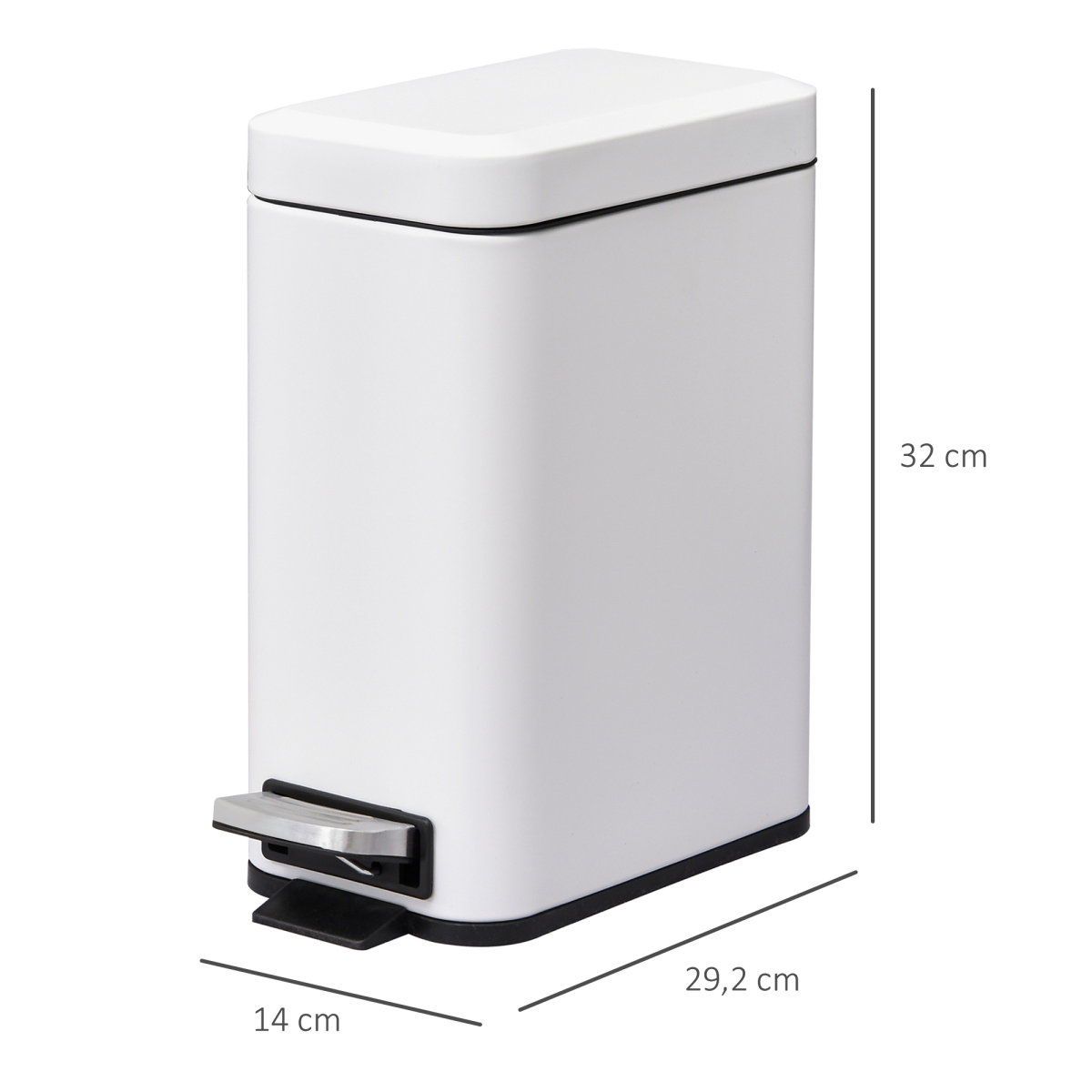 5L Rectangular Steel Pedal Bin — White, Removable Inner Bucket, Anti-Slip Base
