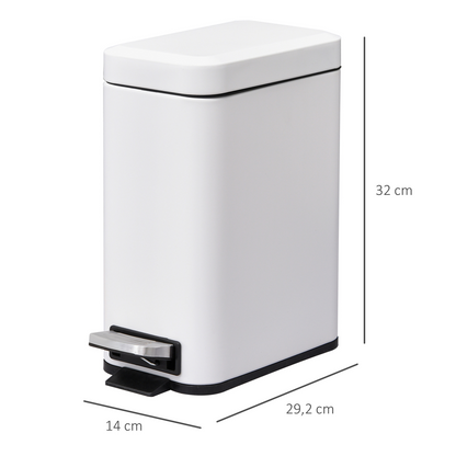 5L Rectangular Steel Pedal Bin — White, Removable Inner Bucket, Anti-Slip Base