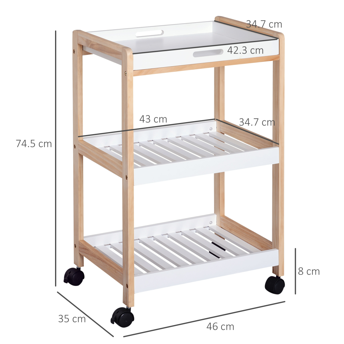 Bamboo & MDF Kitchen Trolley with 3 Shelves — 74.5cm, Rolling Storage Cart