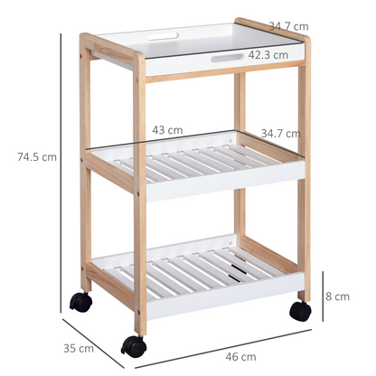 Bamboo & MDF Kitchen Trolley with 3 Shelves — 74.5cm, Rolling Storage Cart
