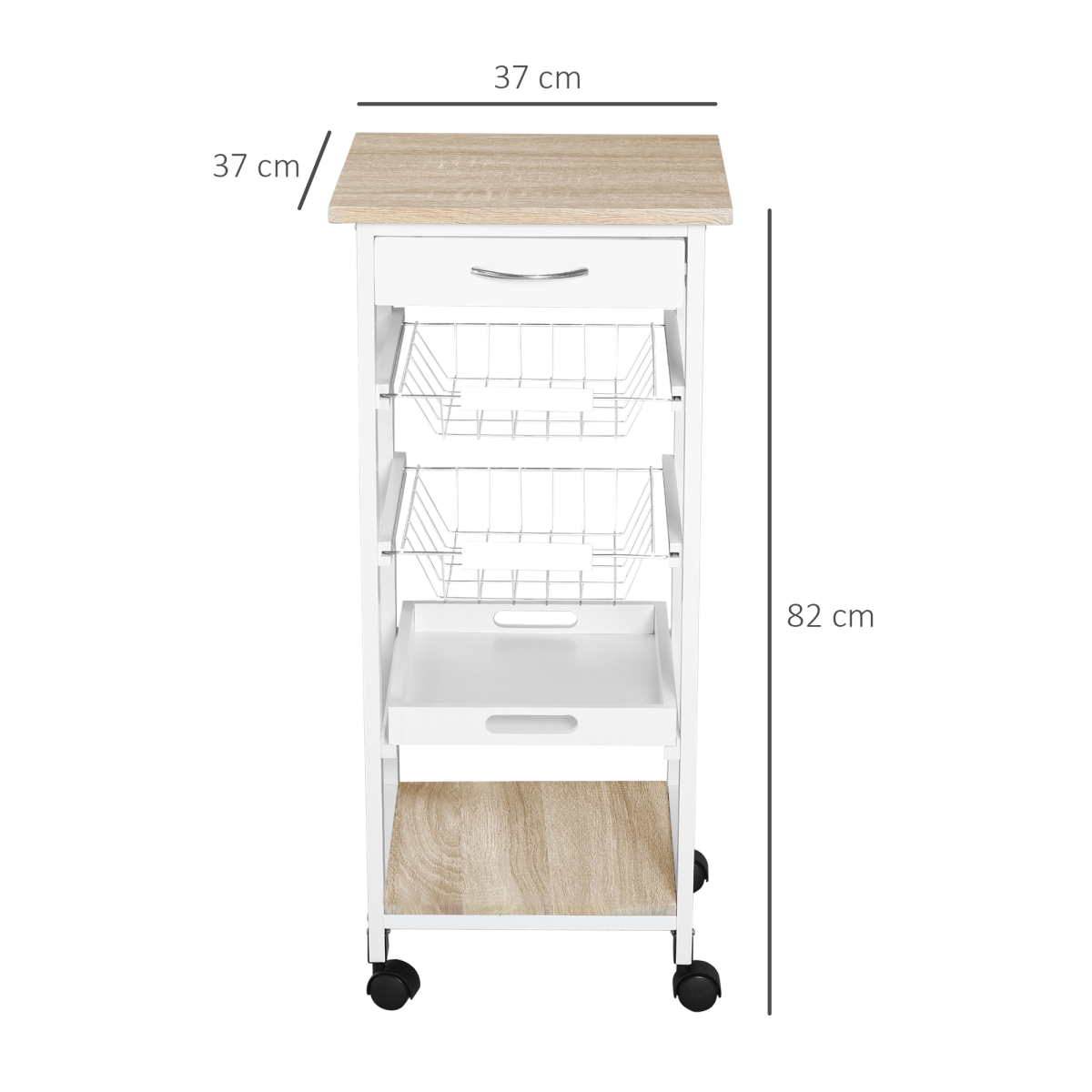 5-Tier Kitchen Storage Trolley with Drawer & Wheels — MDF, White & Pine Frame