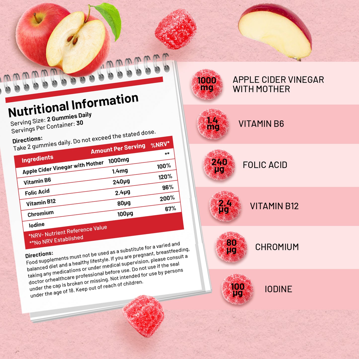 Apple Cider Vinegar Gummies with The Mother 1000mg (60) | Vegan