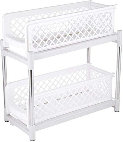 2 Tier Sliding Under Sink Organiser - Pull Out Kitchen Cupboard Basket Drawers - Plastic Space Saving Storage Rack for Bathroom & Laundry
