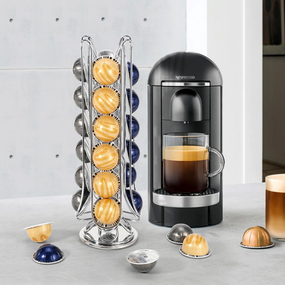 Revolving Coffee Pod Stand — 24-Capsule Holder for Vertuo, Chrome & Black
