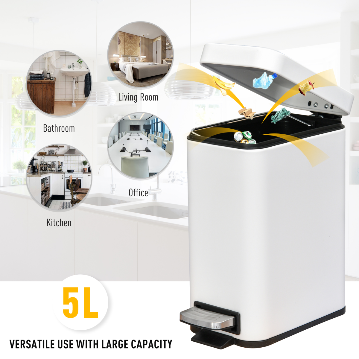 5L Rectangular Steel Pedal Bin — White, Removable Inner Bucket, Anti-Slip Base