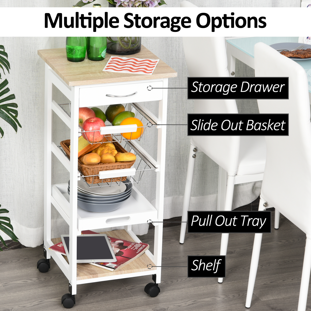 5-Tier Kitchen Storage Trolley with Drawer & Wheels — MDF, White & Pine Frame