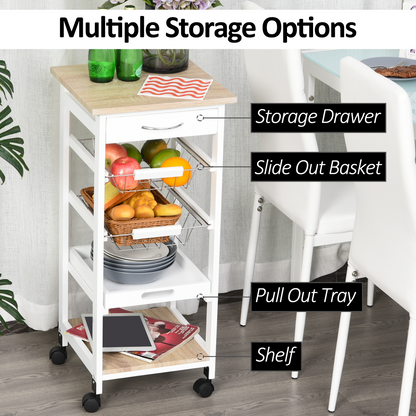 5-Tier Kitchen Storage Trolley with Drawer & Wheels — MDF, White & Pine Frame