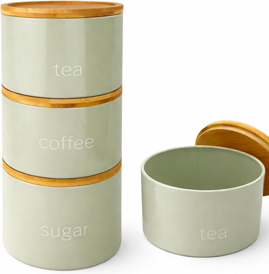 3 Piece Steel Tea Coffee Sugar Set - Airtight Food Storage Jars with Wooden Lids - Contemporary Kitchen Countertop Tidy Containers