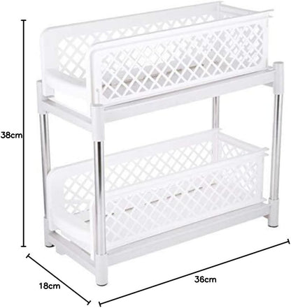 2 Tier Sliding Under Sink Organiser - Pull Out Kitchen Cupboard Basket Drawers - Plastic Space Saving Storage Rack for Bathroom & Laundry