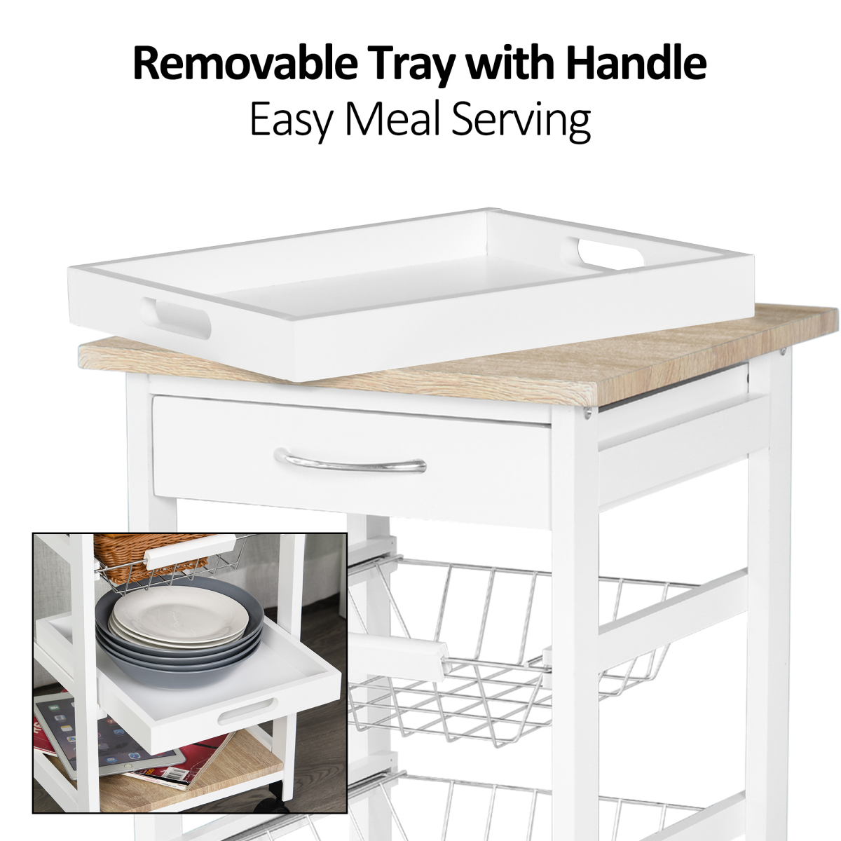 5-Tier Kitchen Storage Trolley with Drawer & Wheels — MDF, White & Pine Frame