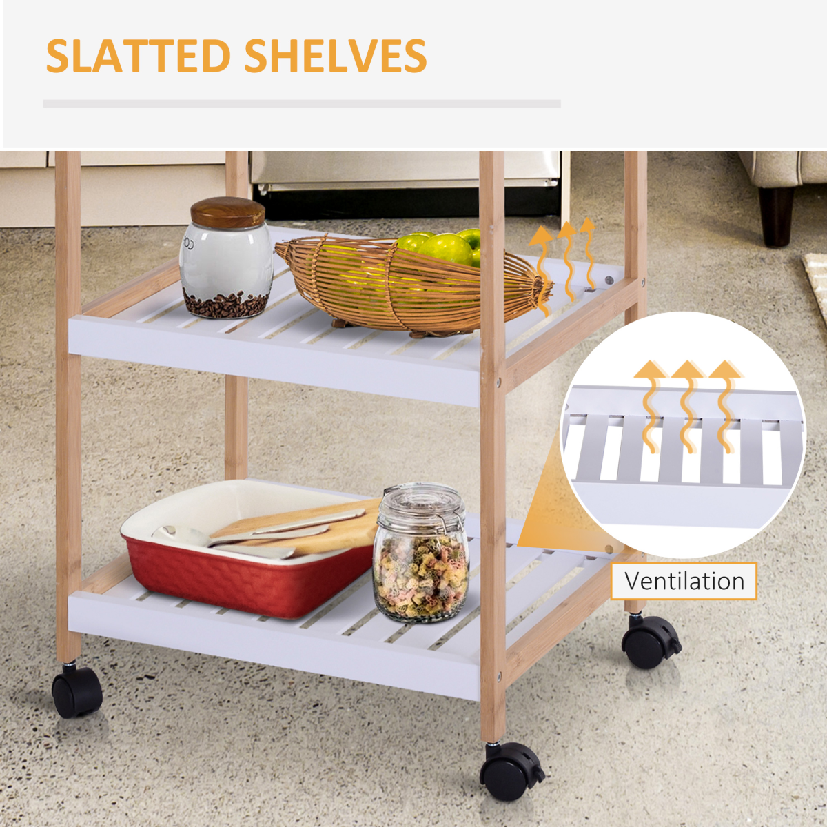 Bamboo & MDF Kitchen Trolley with 3 Shelves — 74.5cm, Rolling Storage Cart