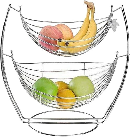 2 Tier Chrome Swinging Fruit Bowl - Stylish Metal Vegetable Basket Rack - Heavy Duty Kitchen Storage Holder & Hammock Display Stand for Fresh Produce UneeqSphere