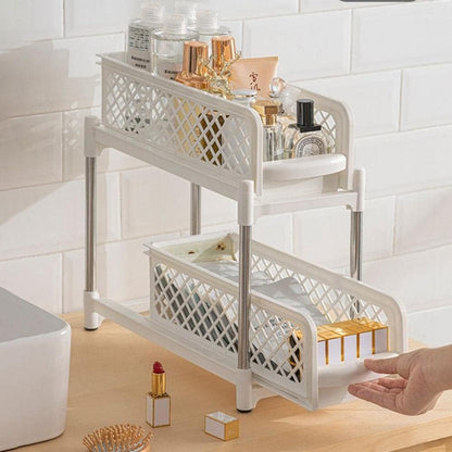 2 Tier Sliding Under Sink Organiser - Pull Out Kitchen Cupboard Basket Drawers - Plastic Space Saving Storage Rack for Bathroom & Laundry