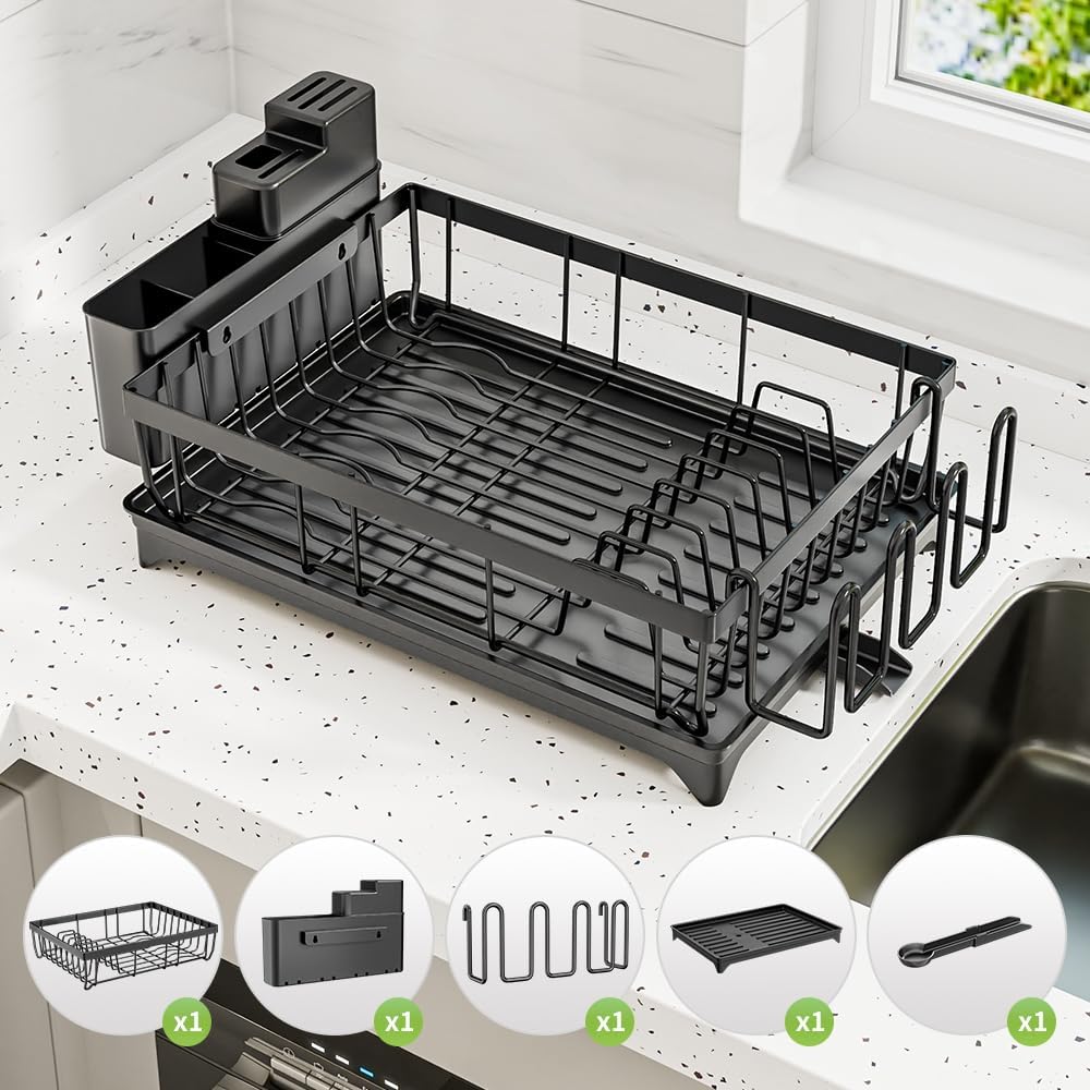 Large Dish Drainer Rack with Drip Tray - Space Saving Kitchen Dish Drying Rack - Black Rust-Proof Drainer with Utensil & Cutlery Holder for Kitchen Counter