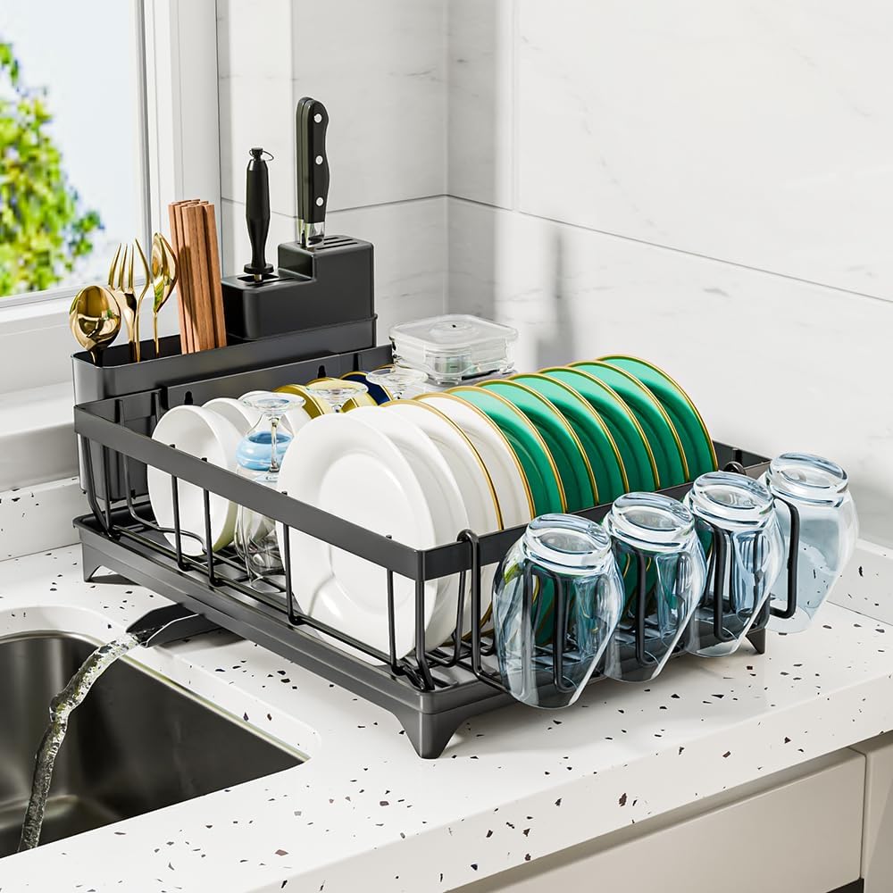 Large Dish Drainer Rack with Drip Tray - Space Saving Kitchen Dish Drying Rack - Black Rust-Proof Drainer with Utensil & Cutlery Holder for Kitchen Counter