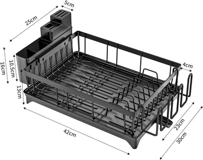 Large Dish Drainer Rack with Drip Tray - Space Saving Kitchen Dish Drying Rack - Black Rust-Proof Drainer with Utensil & Cutlery Holder for Kitchen Counter