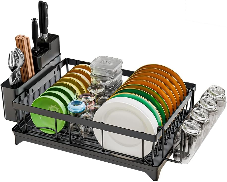 Large Dish Drainer Rack with Drip Tray - Space Saving Kitchen Dish Drying Rack - Black Rust-Proof Drainer with Utensil & Cutlery Holder for Kitchen Counter