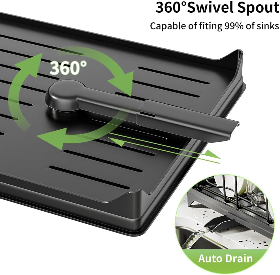 Large Dish Drainer Rack with Drip Tray - Space Saving Kitchen Dish Drying Rack - Black Rust-Proof Drainer with Utensil & Cutlery Holder for Kitchen Counter