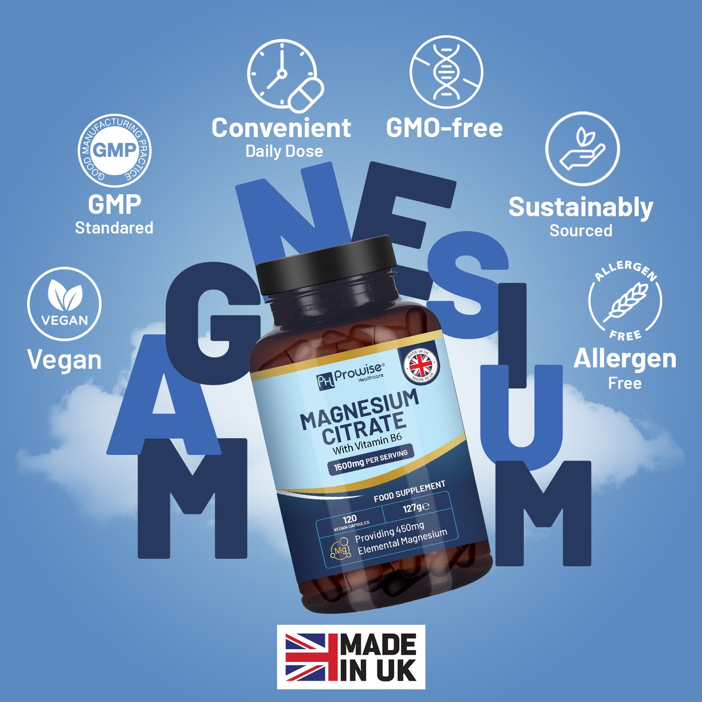 Magnesium Citrate 1500mg Capsules with Vitamin B6 | 120 Vegan Tablets