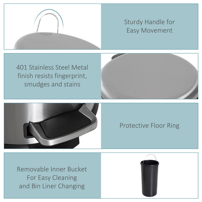 30L Stainless Steel Pedal Bin — Removable Inner Bucket, Black & Silver