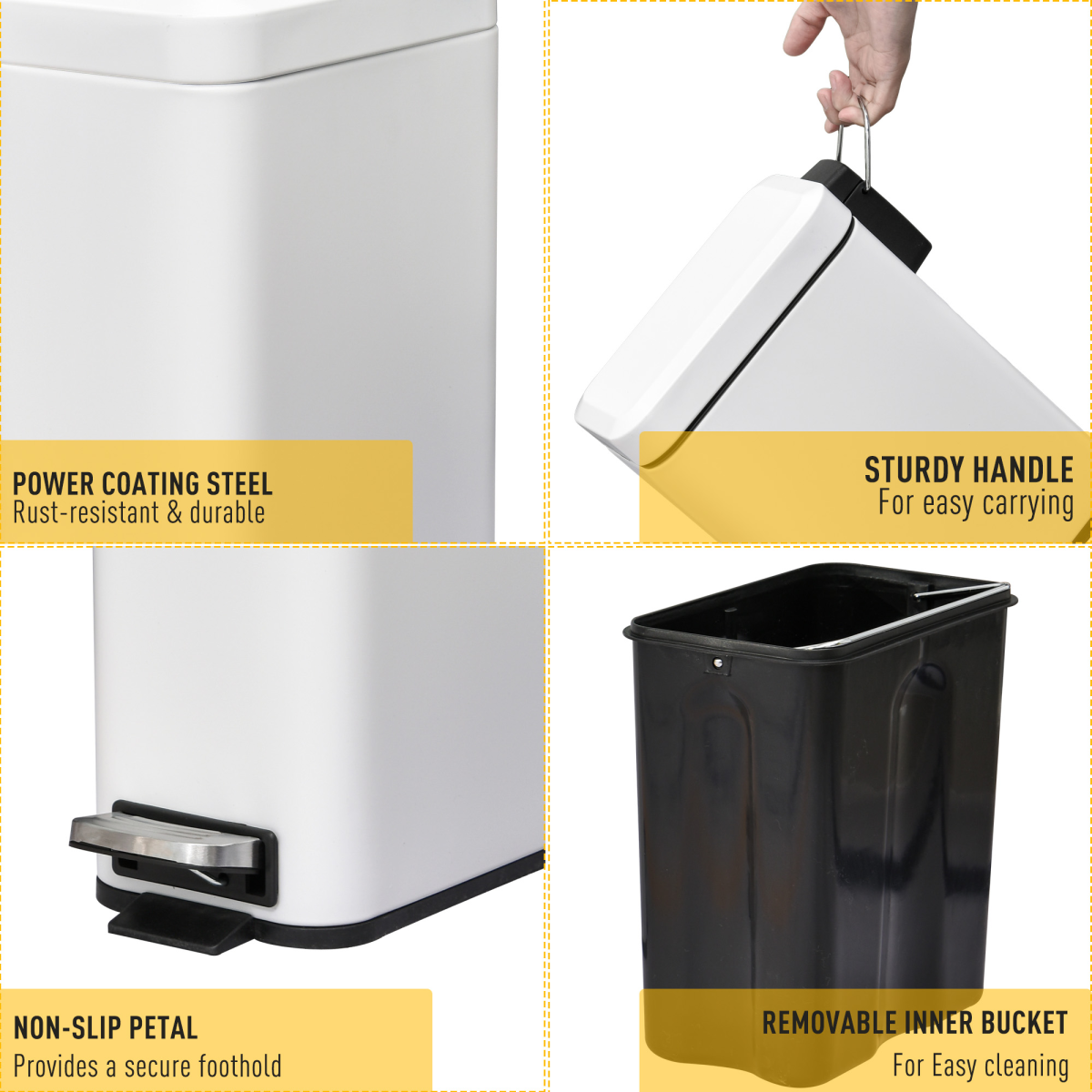 5L Rectangular Steel Pedal Bin — White, Removable Inner Bucket, Anti-Slip Base