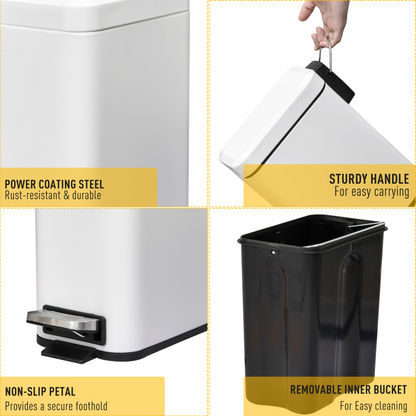 5L Rectangular Steel Pedal Bin — White, Removable Inner Bucket, Anti-Slip Base