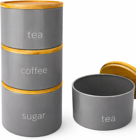 3 Piece Steel Tea Coffee Sugar Set - Airtight Food Storage Jars with Wooden Lids - Contemporary Kitchen Countertop Tidy Containers