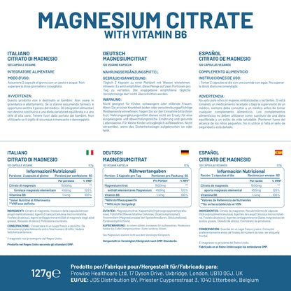 Magnesium Citrate 1500mg Capsules with Vitamin B6 | 120 Vegan Tablets