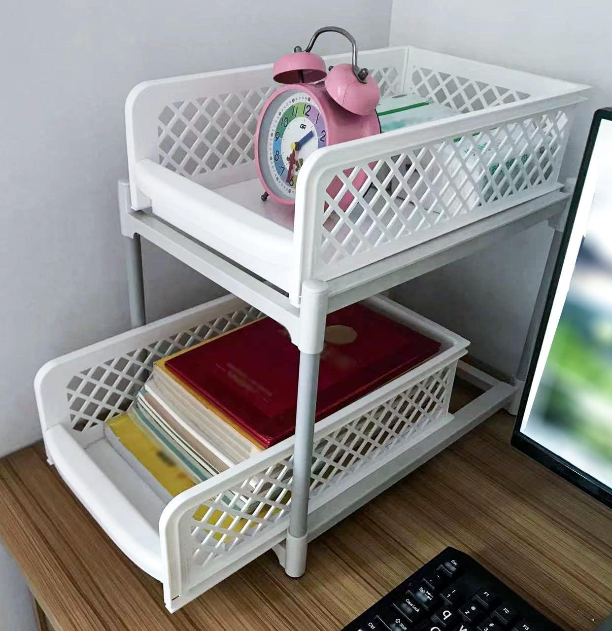 2 Tier Sliding Under Sink Organiser - Pull Out Kitchen Cupboard Basket Drawers - Plastic Space Saving Storage Rack for Bathroom & Laundry