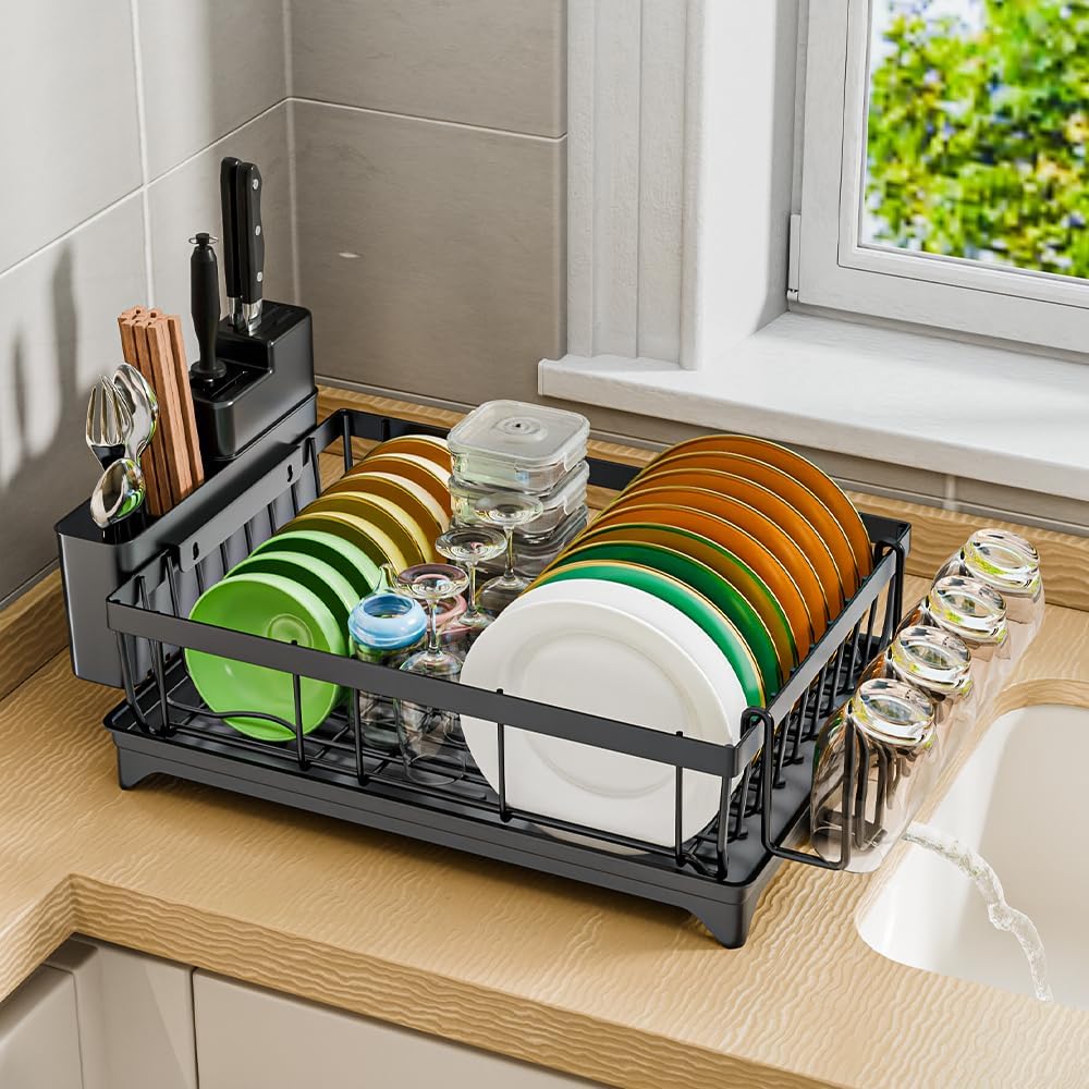 Large Dish Drainer Rack with Drip Tray - Space Saving Kitchen Dish Drying Rack - Black Rust-Proof Drainer with Utensil & Cutlery Holder for Kitchen Counter