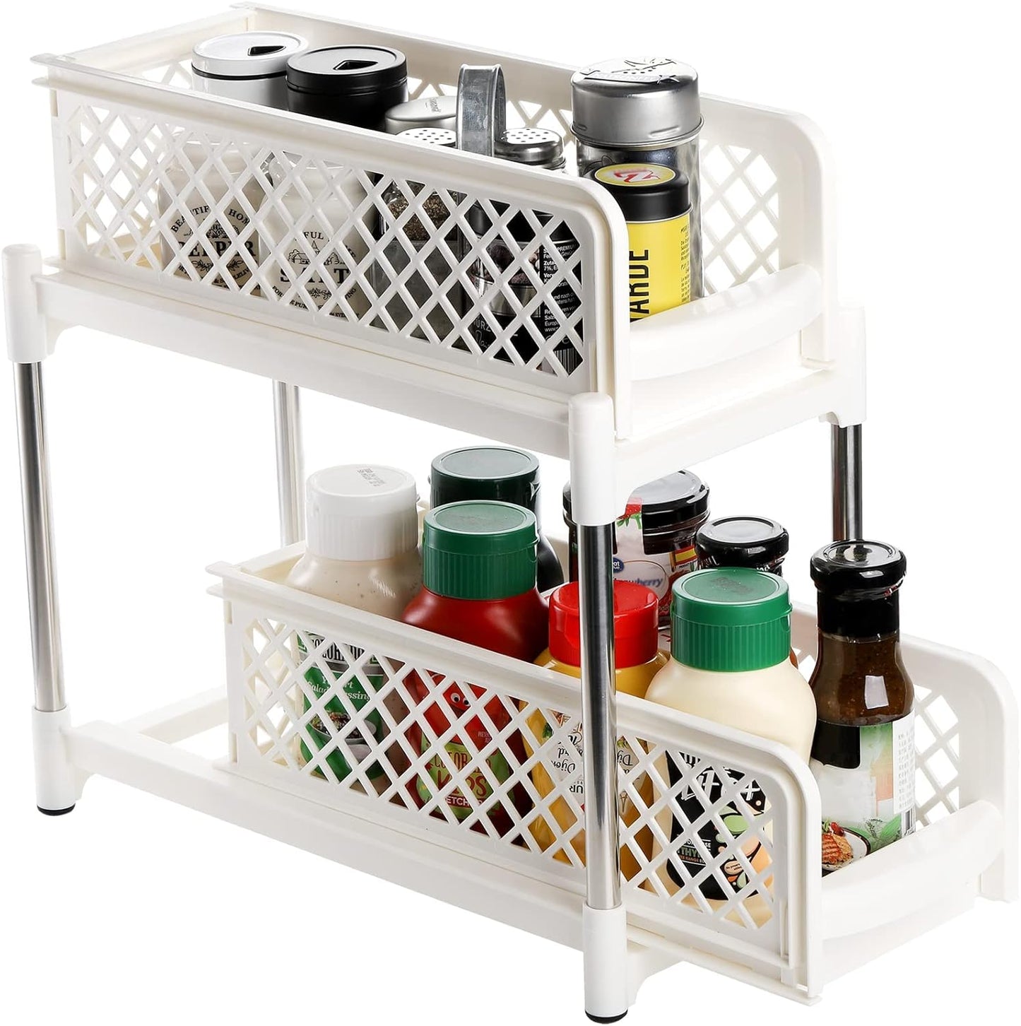 2 Tier Sliding Under Sink Organiser - Pull Out Kitchen Cupboard Basket Drawers - Plastic Space Saving Storage Rack for Bathroom & Laundry