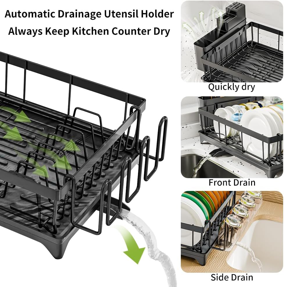 Large Dish Drainer Rack with Drip Tray - Space Saving Kitchen Dish Drying Rack - Black Rust-Proof Drainer with Utensil & Cutlery Holder for Kitchen Counter