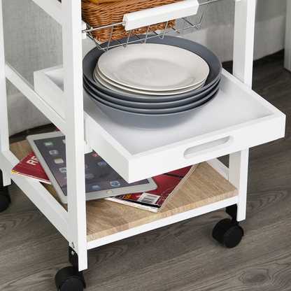 5-Tier Kitchen Storage Trolley with Drawer & Wheels — MDF, White & Pine Frame