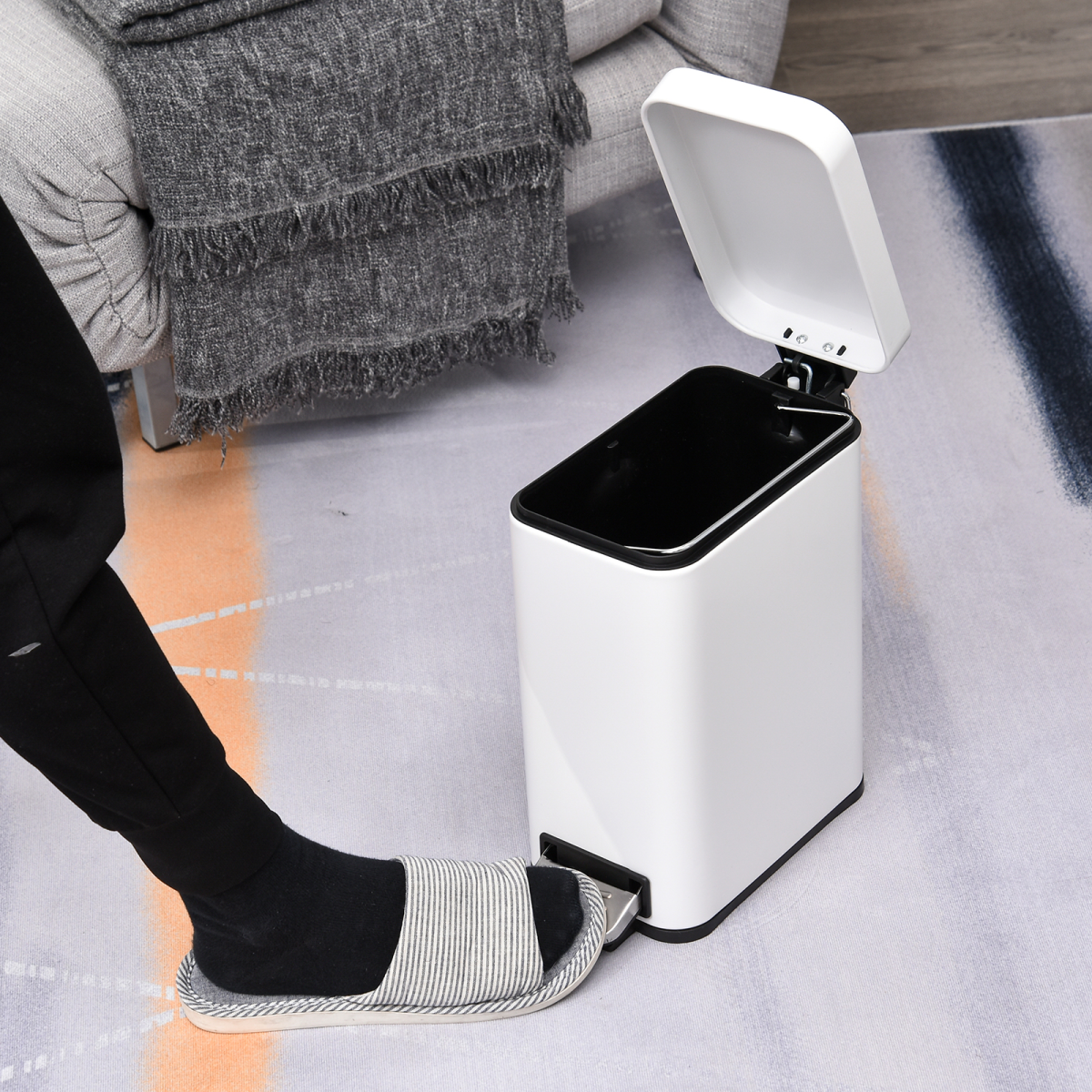 5L Rectangular Steel Pedal Bin — White, Removable Inner Bucket, Anti-Slip Base