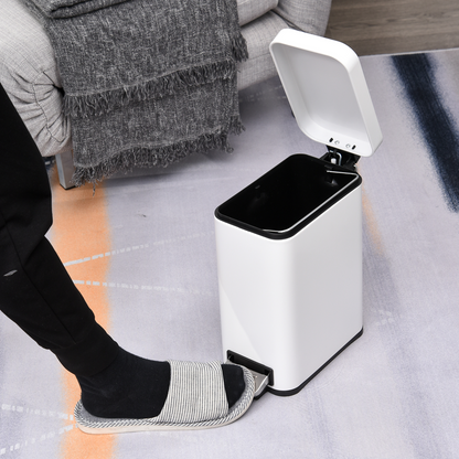 5L Rectangular Steel Pedal Bin — White, Removable Inner Bucket, Anti-Slip Base