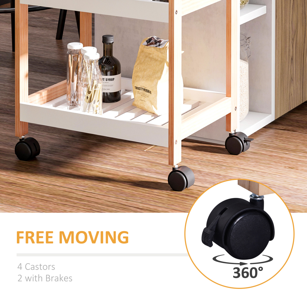 Bamboo & MDF Kitchen Trolley with 3 Shelves — 74.5cm, Rolling Storage Cart