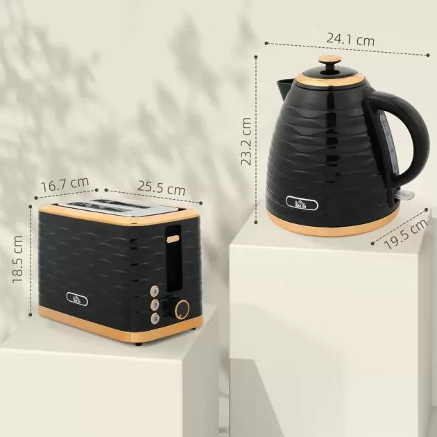 HOMCOM Kettle and Toaster Set Black 1.7L Rapid Boil Kettle 2 Slice Toaster Bundle