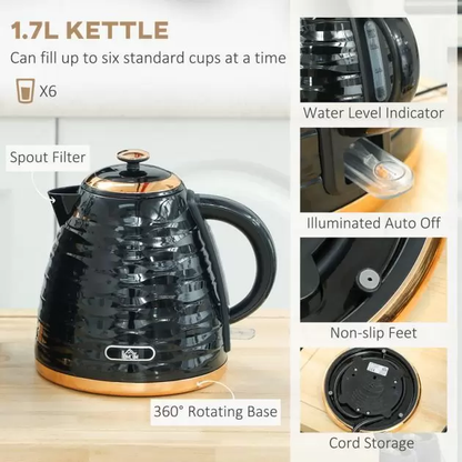 HOMCOM Kettle and Toaster Set Black 1.7L Rapid Boil Kettle 2 Slice Toaster Bundle