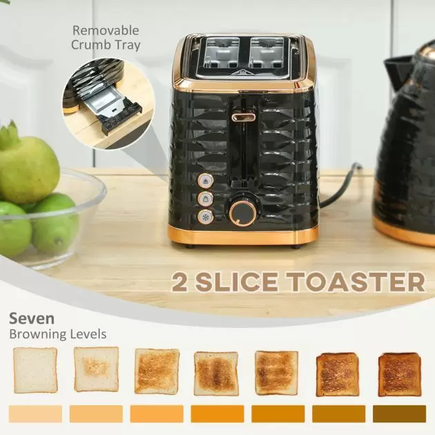 HOMCOM Kettle and Toaster Set Black 1.7L Rapid Boil Kettle 2 Slice Toaster Bundle