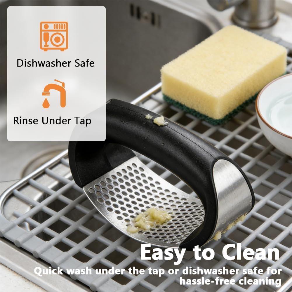 Heavy Duty Stainless Steel Garlic Crusher - Premium Manual Garlic Mincer and Chopper - Easy Squeeze Professional Kitchen Tool for Garlic & Ginger