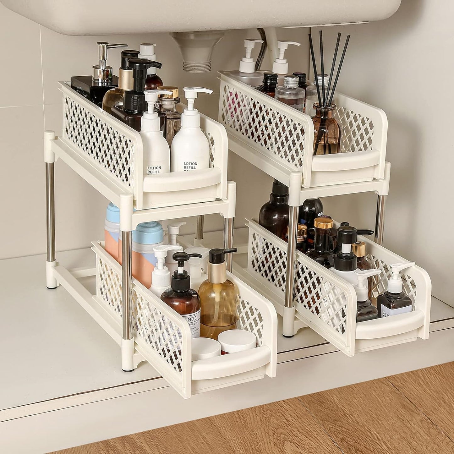 2 Tier Sliding Under Sink Organiser - Pull Out Kitchen Cupboard Basket Drawers - Plastic Space Saving Storage Rack for Bathroom & Laundry