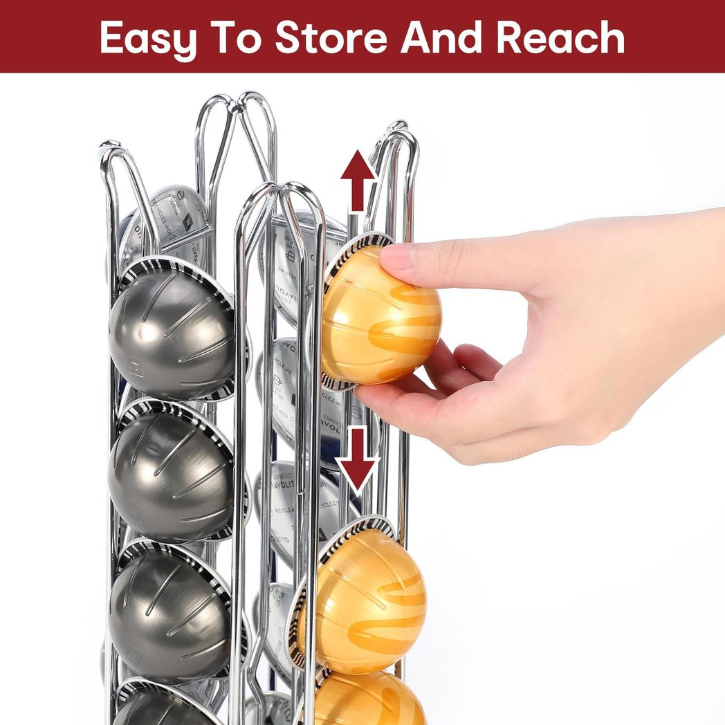 Revolving Coffee Pod Stand — 24-Capsule Holder for Vertuo, Chrome & Black