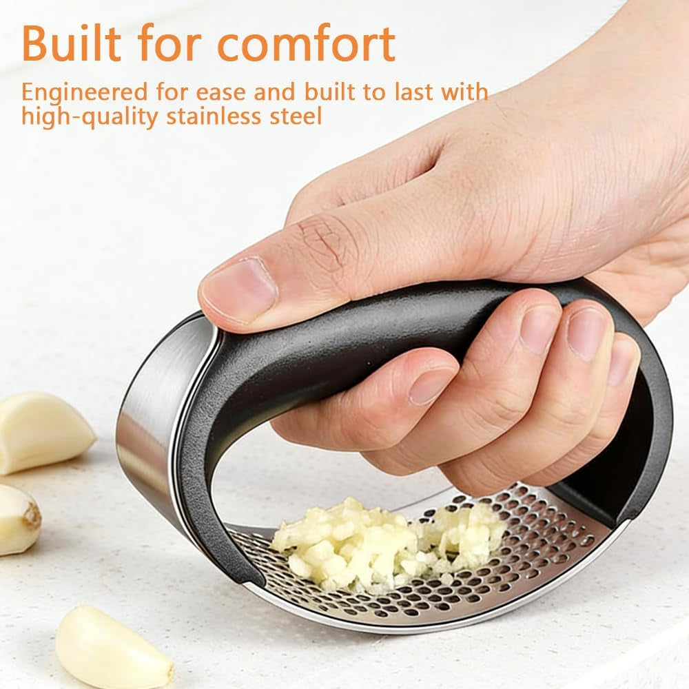 Heavy Duty Stainless Steel Garlic Crusher - Premium Manual Garlic Mincer and Chopper - Easy Squeeze Professional Kitchen Tool for Garlic & Ginger