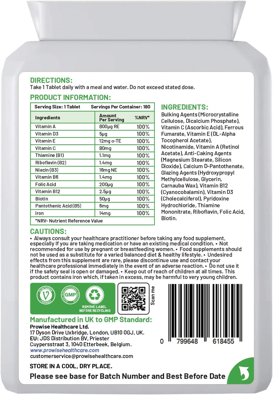 Prowise Healthcare Multivitamins & Iron+ 180 Tablets - Essential Daily Supplement