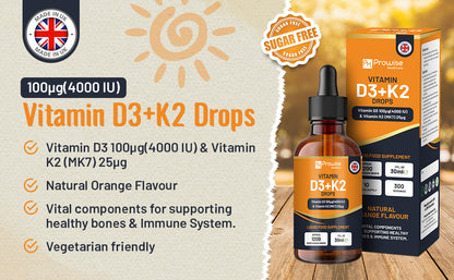 Vitamin D3 4000IU + K2 MK7 25µg Orange Liquid Drops (30ml) | High Strength